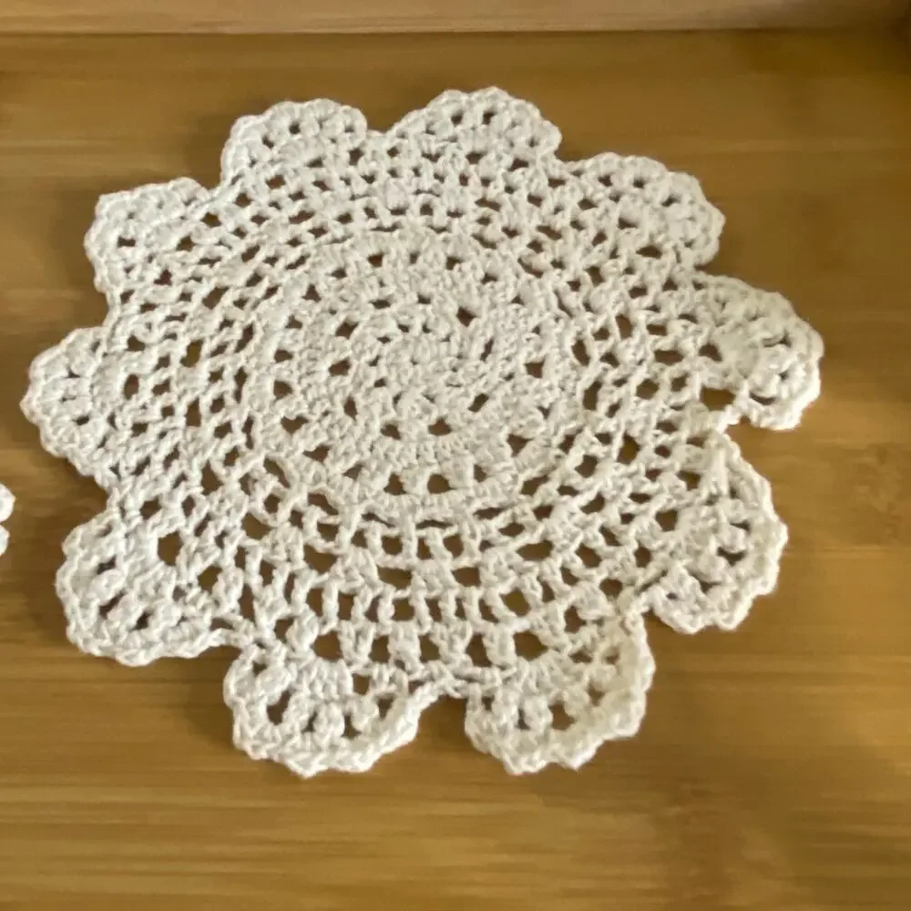 Vintage Handmade Crochet Doilies Set of 2 Ecru Cotton Round Lace Table